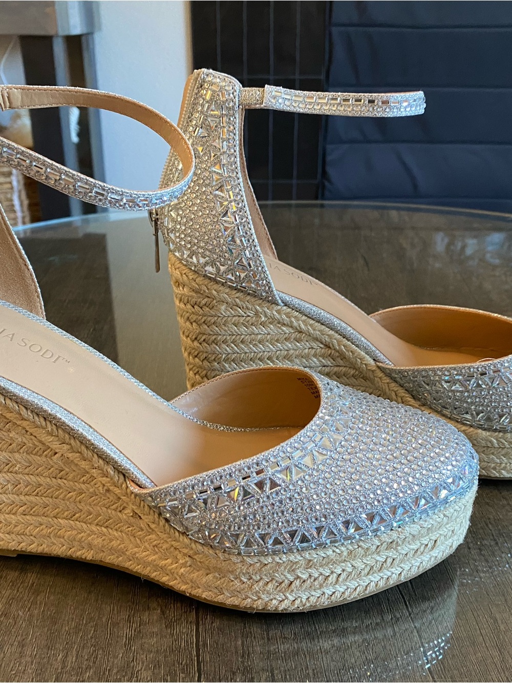 Thalia Sodi Silver Beaded Espadrille Wedge Sandals